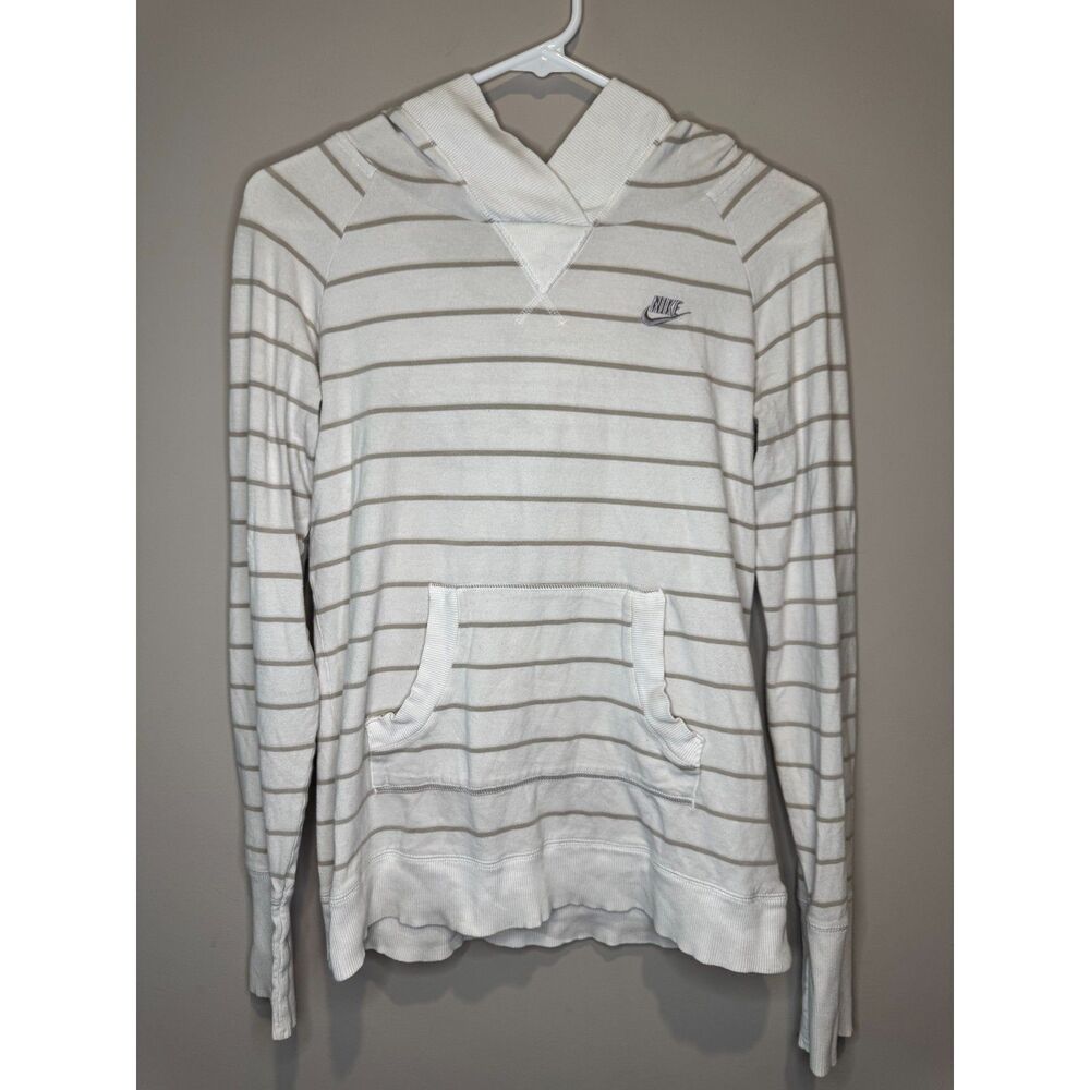 Nike Hoodie Womens M White Striped Pullover Kangaroo Pocket Lightweight